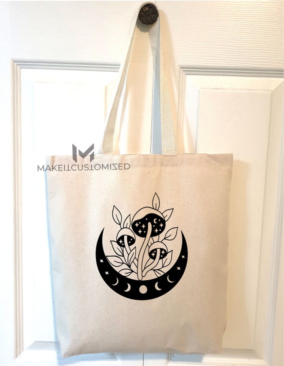 Mushroom Tote Bag, Tote Bag Aesthetic, Moon With Magic Mushroom, Moon Phase Bag, Reusable Tote Bag, Mystical Moon, Witchy Tote Bag