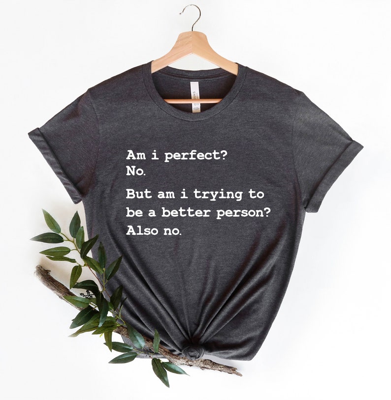 Puede incluir: Una camiseta gris oscuro con texto blanco que dice "&iquest;Soy perfecto? No. Pero, &iquest;estoy tratando de ser una mejor persona? Tampoco."