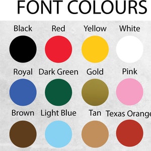 Puede incluir: Un gr&aacute;fico que muestra diferentes colores de fuente con el texto "FONT COLOURS" en la parte superior. Los colores son negro, rojo, amarillo, blanco, azul real, verde oscuro, dorado, rosa, marr&oacute;n, azul claro, marr&oacute;n y naranja de Texas.