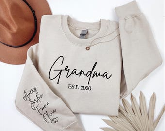 Personalized Grandma Sweatshirt: Custom Grandkids Names On Sleeve, MO83