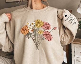 Sweat-shirt personnalisé bouquet de fleurs sauvages pour le mois de naissance, cadeau personnalisé pour maman, cadeau jardin pour grand-mère, cadeau fête des mères, nom d'enfant imprimé sur les manches MO37