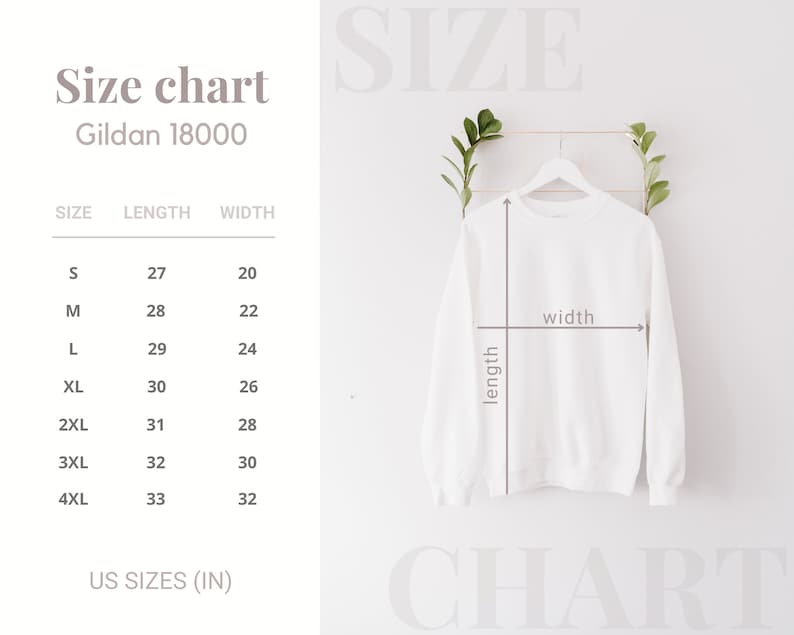 May include: Size chart for Gildan 18000 sweatshirts, showing measurements in inches for length and width, for sizes S through 4XL.