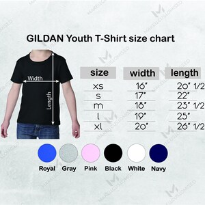 May include: Size chart for Gildan youth t-shirts. The chart shows the width and length in inches for sizes XS, S, M, L, and XL. The chart also shows six color options: royal blue, gray, pink, black, white, and navy.