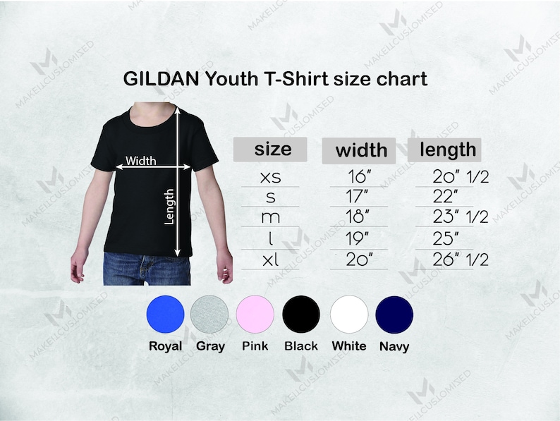 May include: Size chart for Gildan youth t-shirts. The chart shows the width and length in inches for sizes XS, S, M, L, and XL. The chart also shows six color options: royal blue, gray, pink, black, white, and navy.