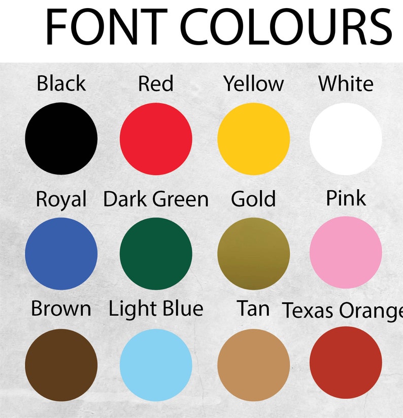 K&ouml;nnte beinhalten: Eine Tabelle mit verschiedenen Farben und ihren Namen. Die Farben sind Schwarz, Rot, Gelb, Wei&szlig;, K&ouml;nigsblau, Dunkelgr&uuml;n, Gold, Rosa, Braun, Hellblau, Braun und Texas Orange.