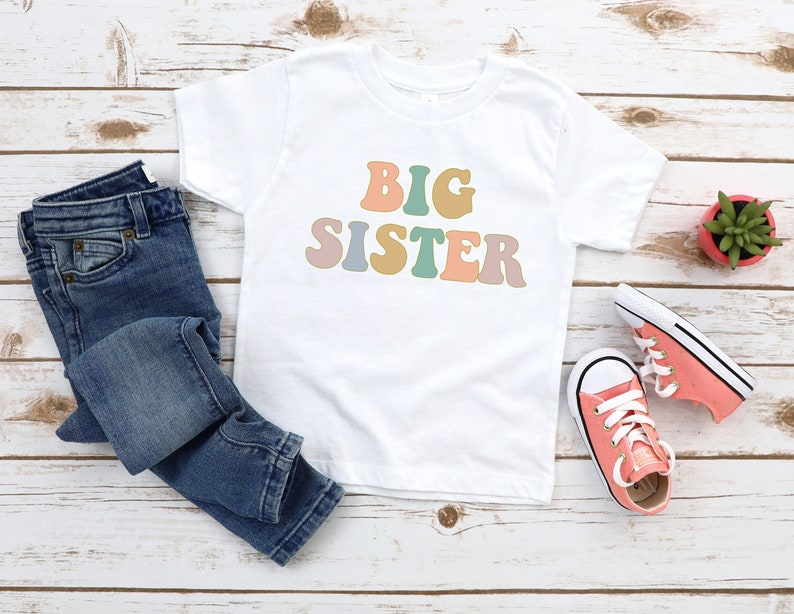 Retro Colorful Big Sister Shirt, Sibling Shirt, Promoted To Big Sister, New Sister Tshirt, Pregnancy Announcement, Baby Shower Gift, PR48 image 1