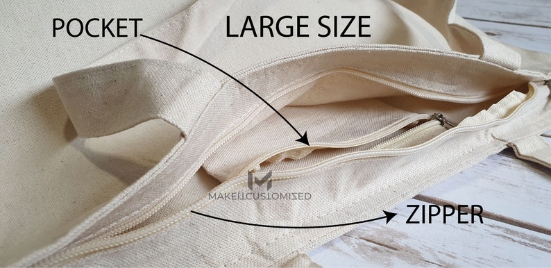 May include: A large, beige canvas tote bag with a zippered pocket. The pocket has a zipper pull and is labeled "ZIPPER". The bag has a large opening and is labeled "LARGE SIZE". The bag also has a smaller pocket on the outside, labeled "POCKET".
