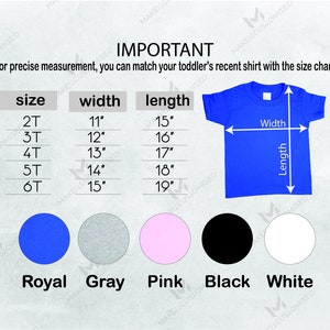 Puede incluir: Una tabla de tallas para camisetas de ni&ntilde;os peque&ntilde;os con medidas en pulgadas. La tabla muestra la talla, el ancho y la longitud de las camisetas en tallas de 2T a 6T. La tabla est&aacute; ilustrada con una camiseta azul y cinco muestras de color: azul real, gris, rosa, negro y blanco.