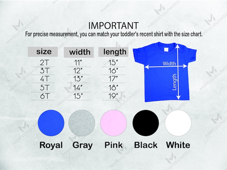 Puede incluir: Una tabla de tallas para camisetas de ni&ntilde;os peque&ntilde;os con medidas en pulgadas. La tabla muestra la talla, el ancho y la longitud de las camisetas en tallas de 2T a 6T. La tabla est&aacute; ilustrada con una camiseta azul y cinco muestras de color: azul real, gris, rosa, negro y blanco.
