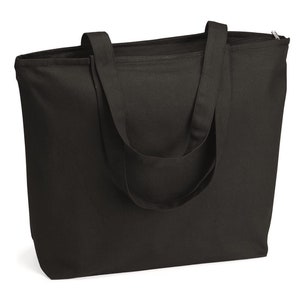 May include: A black canvas tote bag with a zipper closure and two long handles.