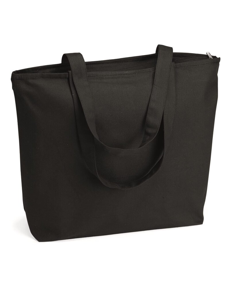 May include: A black canvas tote bag with a zipper closure and two long handles.