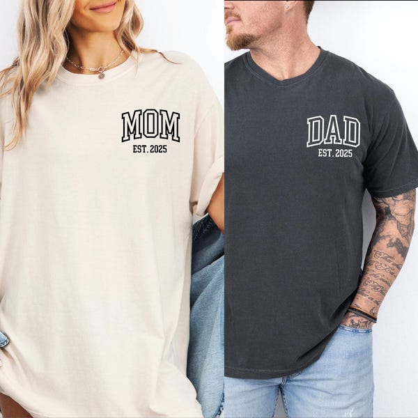 Custom Mom Dad Comfort Colors® T-shirt, Personalized Mama & Dad Pocket est Shirt, Pregnancy Announcement Photoshoot, Matching Dad Mom, PR21