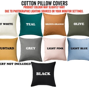 May include: Assortment of 10 cotton pillow covers in various colors, including off white, teal, brown-orange, olive, mustard, grey, light pink, light blue, and black. The text "INSERT NOT INCLUDED" is printed below the pillow covers.