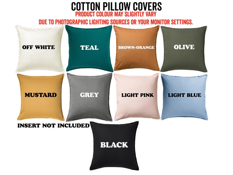 May include: Assortment of 10 cotton pillow covers in various colors, including off white, teal, brown-orange, olive, mustard, grey, light pink, light blue, and black. The text "INSERT NOT INCLUDED" is printed below the pillow covers.