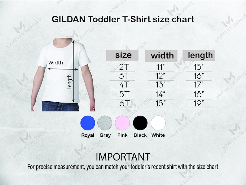 May include: A size chart for Gildan toddler T-shirts. The chart shows the size, width in inches, and length in inches for sizes 2T through 6T. The chart is on a white background with a white T-shirt illustration.