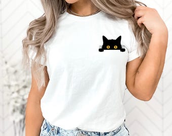 Black Cat Peeking Shirt, Pocket Cute Cat Halloween Sweatshirt, Cat Hoodie, Funny Cat Halloween Tee, Gift for Cats Lover, Cat Mom Tee, HA73