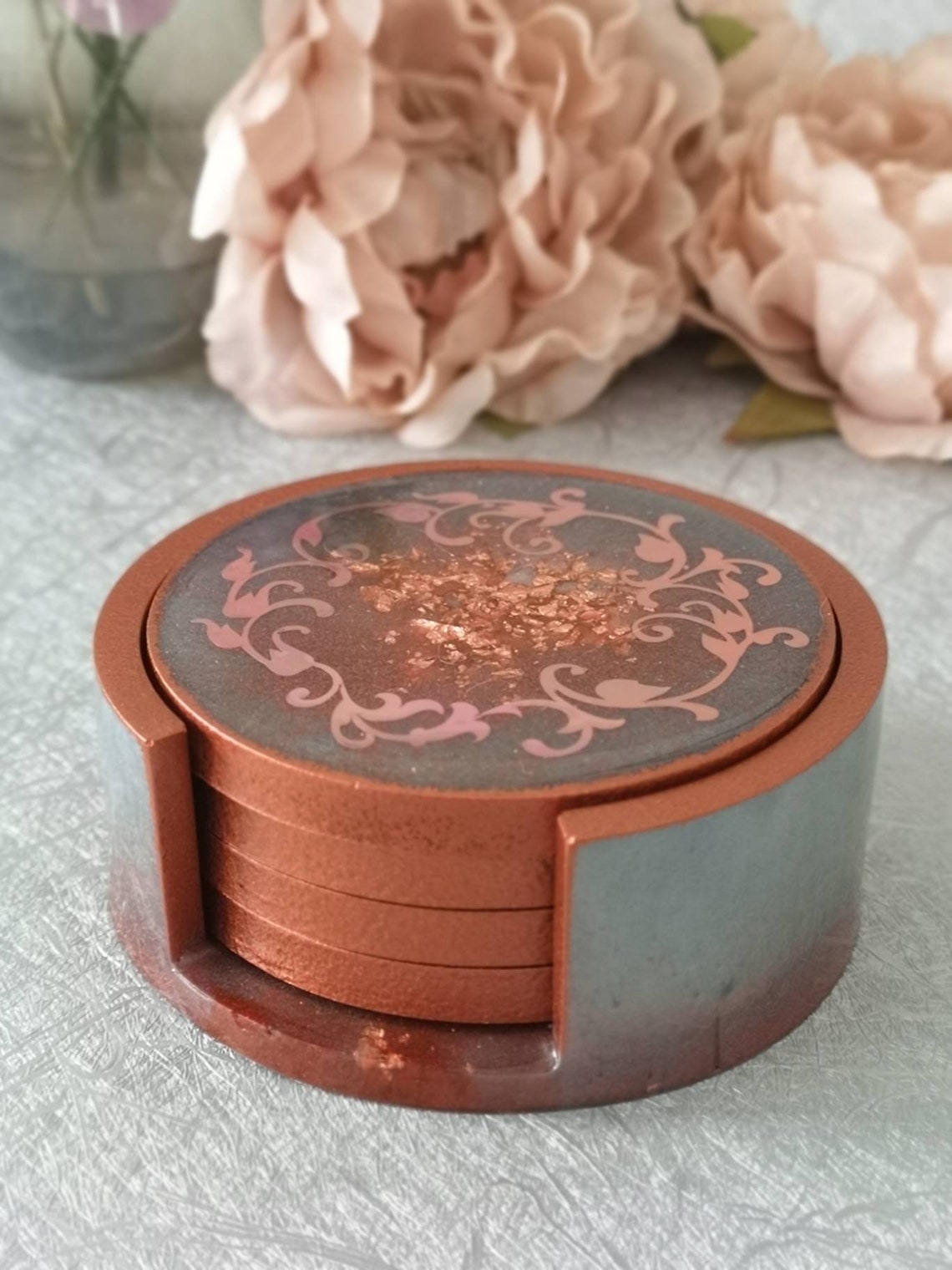 Grey and copper resin coasters with holder Etsy