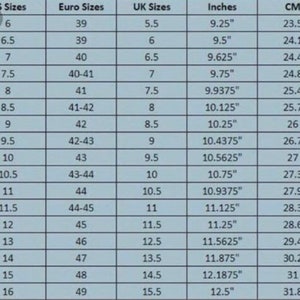 Pu&ograve; includere: Un grafico che mostra le conversioni delle taglie di scarpe da uomo da taglie US, Euro e Regno Unito a pollici e centimetri. Il grafico include le taglie da 6 a 16 in taglie US.