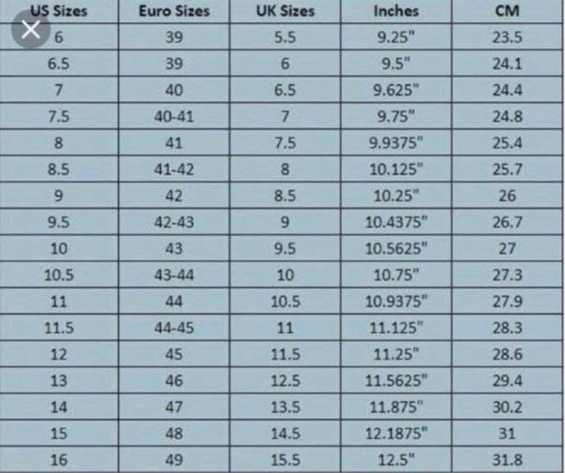 Pu&ograve; includere: Un grafico che mostra le conversioni delle taglie di scarpe da uomo da taglie US, Euro e Regno Unito a pollici e centimetri. Il grafico include le taglie da 6 a 16 in taglie US.