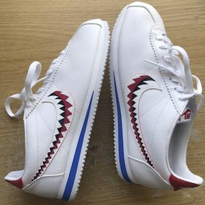 Pu&ograve; includere: Sneakers bianche in pelle con una striscia blu lungo il lato e un design a dente di squalo rosso e nero sul swoosh Nike.