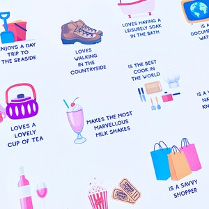May include: A colourful illustration with various icons and text describing different personality traits. The icons include swimming goggles, a pair of hiking boots, a teapot, a milkshake, a shopping bag, a cinema ticket, and a bathtub. The text includes phrases like "Is a super swimmer", "Loves walking in the countryside", "Makes the most marvellous milkshakes", and "Is a savvy shopper".