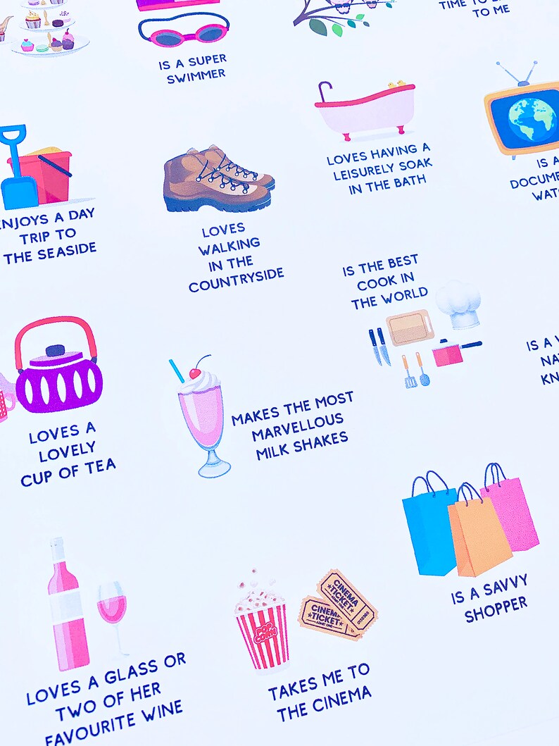 May include: A colourful illustration with various icons and text describing different personality traits. The icons include swimming goggles, a pair of hiking boots, a teapot, a milkshake, a shopping bag, a cinema ticket, and a bathtub. The text includes phrases like "Is a super swimmer", "Loves walking in the countryside", "Makes the most marvellous milkshakes", and "Is a savvy shopper".