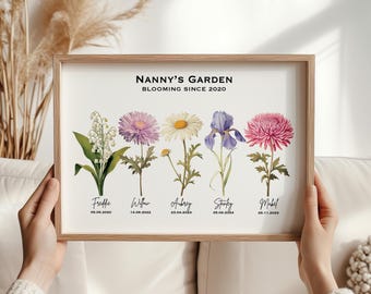 Personalised Nanny Birth Flower Print, Birthday Gift, Family Gift, Birth Flower Print Nanny's Garden, Custom Grandparent Gift, Custom Nanny