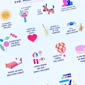 May include: A colourful illustration with text that says "Our Mum by Evie, Molly and Freddie". The illustration features a variety of images, including a sun, a flower, a dog, a glass of gin and tonic, a hot air balloon, a cake, a bed, a pair of flip flops, a pair of gardening gloves, a trowel, a fork, a set of paints, a pair of scissors, and a glue bottle. The text also includes phrases like "Is always happy and smiling", "Loves us very very much", "Enjoys a gin & tonic at the weekend", "Loves to travel the world", "Is the best at baking cake", "Tucks me into bed every night", "Loves going on our family holidays", "Loves crafting with us", and "Always buys the best sweeties".
