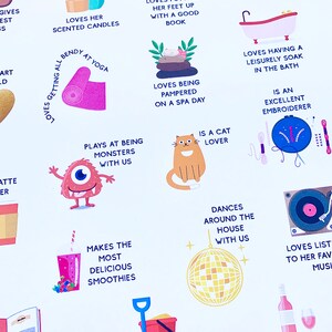 May include: A colourful illustration of a woman named Amber with a list of her favourite things. The illustration includes a monster, a cat, a bath tub, a record player, a glass of wine, a disco ball, a book, a yoga mat, a spa, a smoothie, a bucket and spade, and a plate of biscuits.