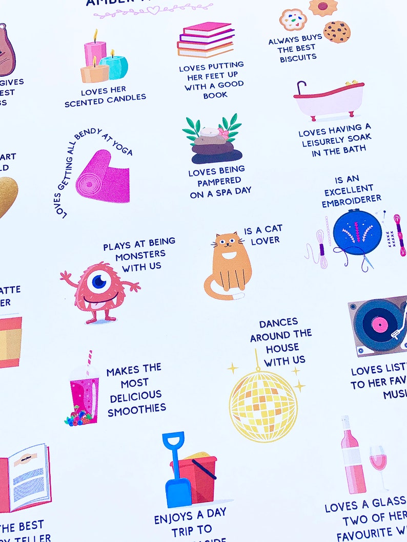 May include: A colourful illustration of a woman named Amber with a list of her favourite things. The illustration includes a monster, a cat, a bath tub, a record player, a glass of wine, a disco ball, a book, a yoga mat, a spa, a smoothie, a bucket and spade, and a plate of biscuits.