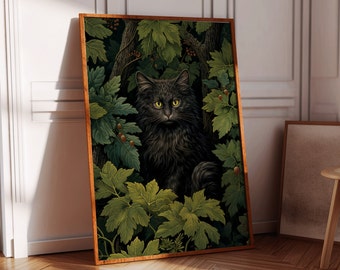 William Morris Inspired Black Cat Art Print, Botanical Art Print, Cottagecore Wall Art, Dark Academia Art Print, Forest Wall Print, Dark Art