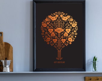 Personalised 8th Wedding Anniversary Gift, Personalised Bronze Family Tree Print With Names