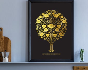 50 Year Anniversary Family Tree Print, Golden Wedding Gift, Wedding Gift, Foil Print, 50th Anniversary Gift, Gold Foil, Family Names