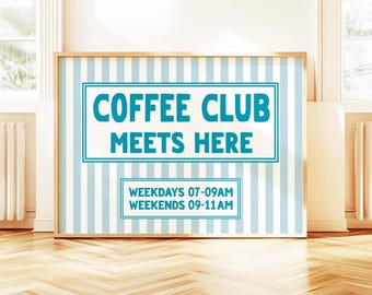 Aqua Coffee Club Print: Striped Kitchen Wall Art (Digital Download