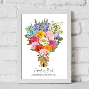 Mom&#39;s Garden Birth Flower Print, Mothers Day Custom Gift, Custom Birth Flower Bouquet Wall Art For Mum, Personalised Birth Month Flower Art