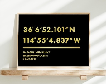 Wedding Location Print, Personalised Foil Coordinates Print, Custom Wedding Gift, Engagement Present, Anniversary Gift, Foiled Print,