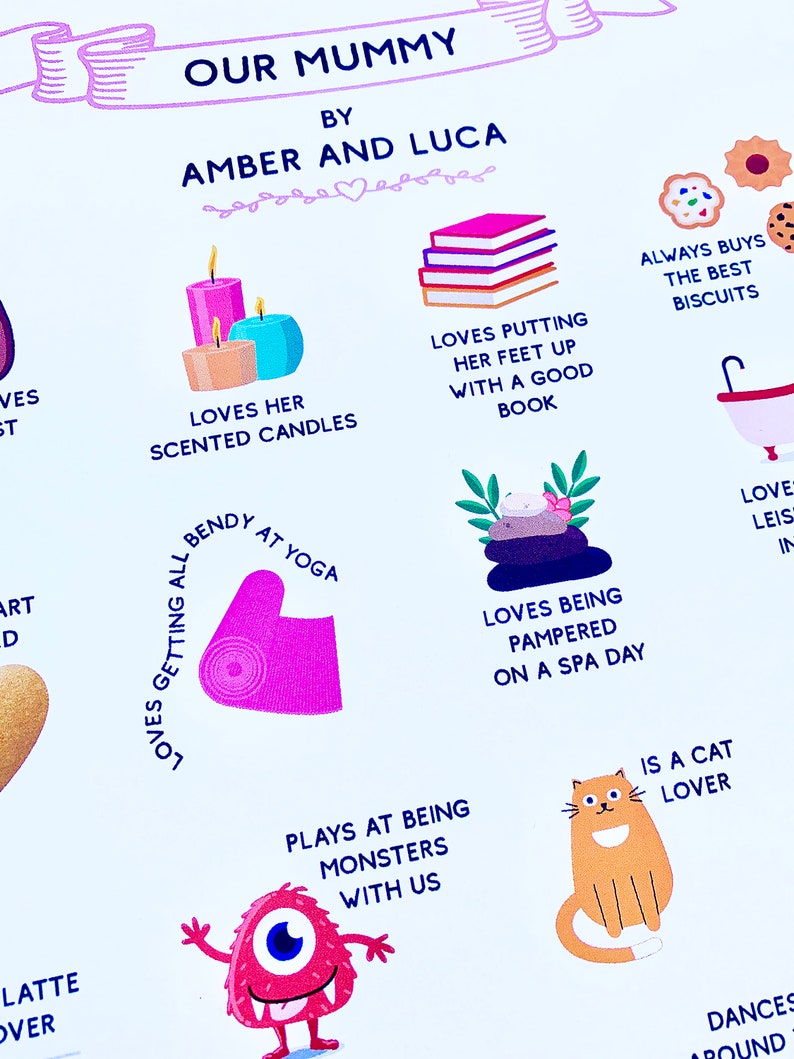 May include: A colourful illustration of a mother's favourite things, including scented candles, books, yoga, spa days, biscuits, and a cat. The illustration is titled "Our Mummy by Amber and Luca".