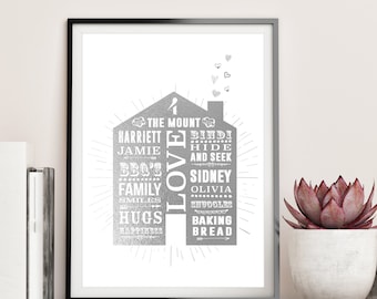 Silver Foil Anniversary Print: Personalised Family Home Decor