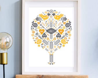 Personalised Family Tree Print: Gold & Gray New Home Gift (Digital File)