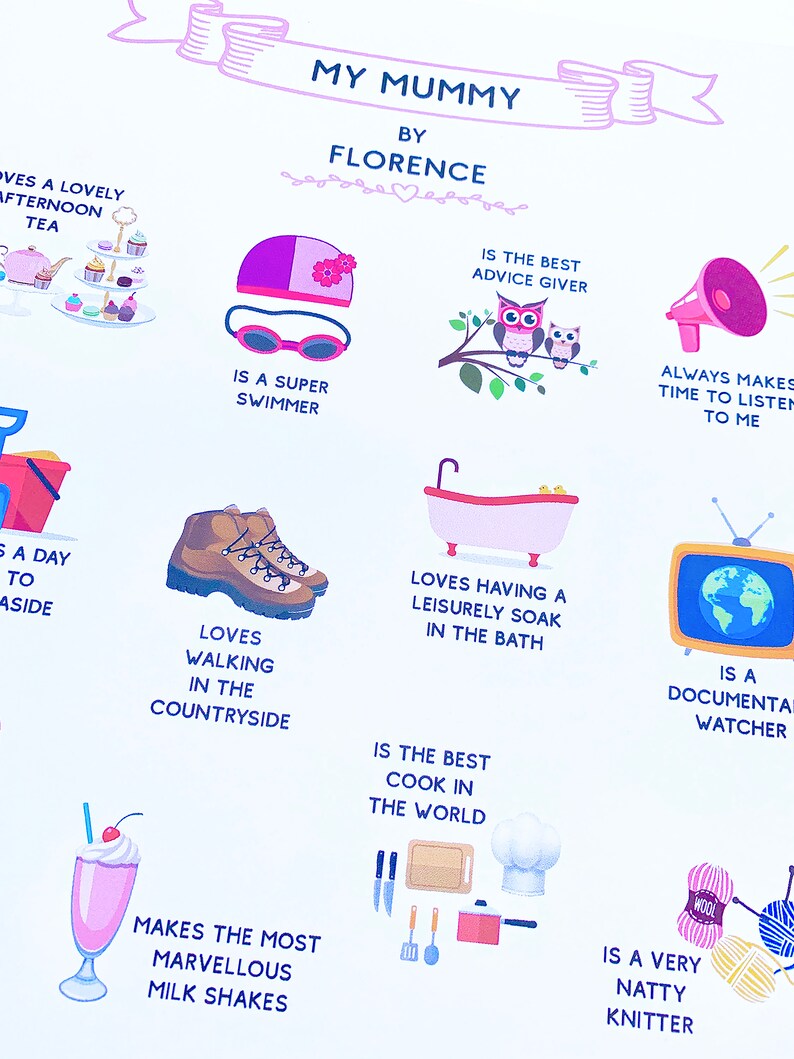 May include: A colourful illustration depicting a mother's many talents and hobbies. The illustration features a variety of icons, including a swimming cap, a bath tub, a milkshake, a chef's hat, and a knitting needle. The text "My Mummy" and "By Florence" is at the top of the illustration.
