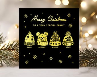 Personalised Family Christmas Card, Unique Xmas Card For Special Friends or Family, Holiday Greetings Card, Foiled Christmas Card, Wooly Hat