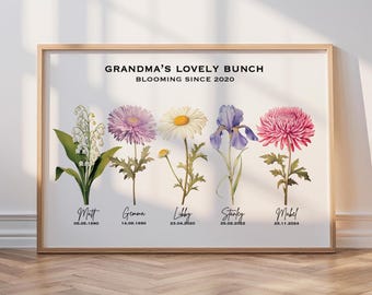 Personalised Grandma Birth Flower Print, Grandma Gift, Grandchildren Print, Gran Gifts, Nana Gift, Gift From Grandchild, Grandparent Gift,