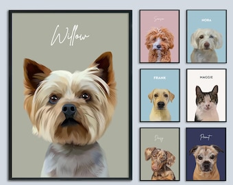Dog Portrait, Hand Illustrated Custom Pet Portrait, Personalised Dog Wall Art, Pet Memorial Gift, Custom Cat Portrait, Couple Gift, Pet Art