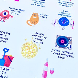 May include: A colourful illustration depicting a woman's personality traits. The illustration features a variety of icons, including a cat, a spa, a disco ball, a bath, a record player, a wine glass, and a monster. The text in the illustration describes the woman's hobbies and interests, such as dancing, listening to music, and taking baths.