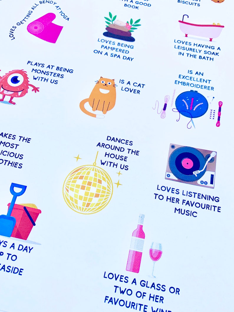 May include: A colourful illustration depicting a woman's personality traits. The illustration features a variety of icons, including a cat, a spa, a disco ball, a bath, a record player, a wine glass, and a monster. The text in the illustration describes the woman's hobbies and interests, such as dancing, listening to music, and taking baths.
