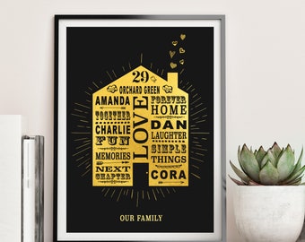 May include: Gold foil print on black paper with a house shape made of words like "love", "forever", "home", "family", "together", "memories", "fun", "laughter", "simple things", and "next chapter".