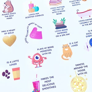 May include: A colourful illustration with text describing the things a mother loves. The illustration includes a heart, a cat, a monster, a yoga mat, a book, a cup of coffee, a glass of smoothie, a disco ball, a bathtub, and biscuits.