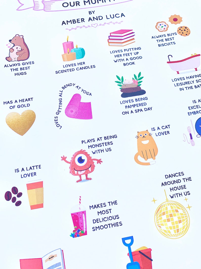 May include: A colourful illustration with text describing the things a mother loves. The illustration includes a heart, a cat, a monster, a yoga mat, a book, a cup of coffee, a glass of smoothie, a disco ball, a bathtub, and biscuits.