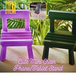 May include: Two miniature wooden chairs, one purple and one black, are used as phone or tablet stands. The text "Cute Mini Chair Phone/Tablet Stand" is below the chairs.