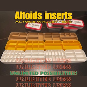 May include: A set of six different sized, plastic Altoids tin inserts. The inserts are in various colors, including white, yellow, and brown. The text "UNLIMITED USES!!" is printed on the bottom of the image.